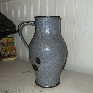Antique Baumann Germany granite wear enamel pitcher lion on bottom speckled